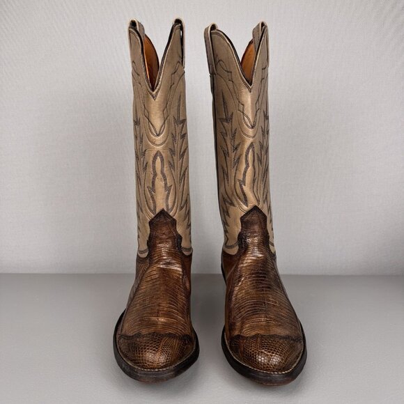 Nocona Boots Mens 8 D Brown/Beige Cowboy Western Leather Lizard Pull On Mid Calf - Picture 2 of 13